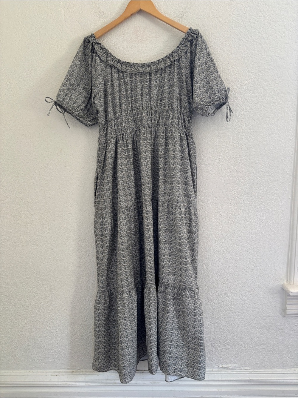 Neuflora 100% Cotton Tiered Ruffle Neck Floral Midi Dress Large Prairie Boho - Picture 7 of 8